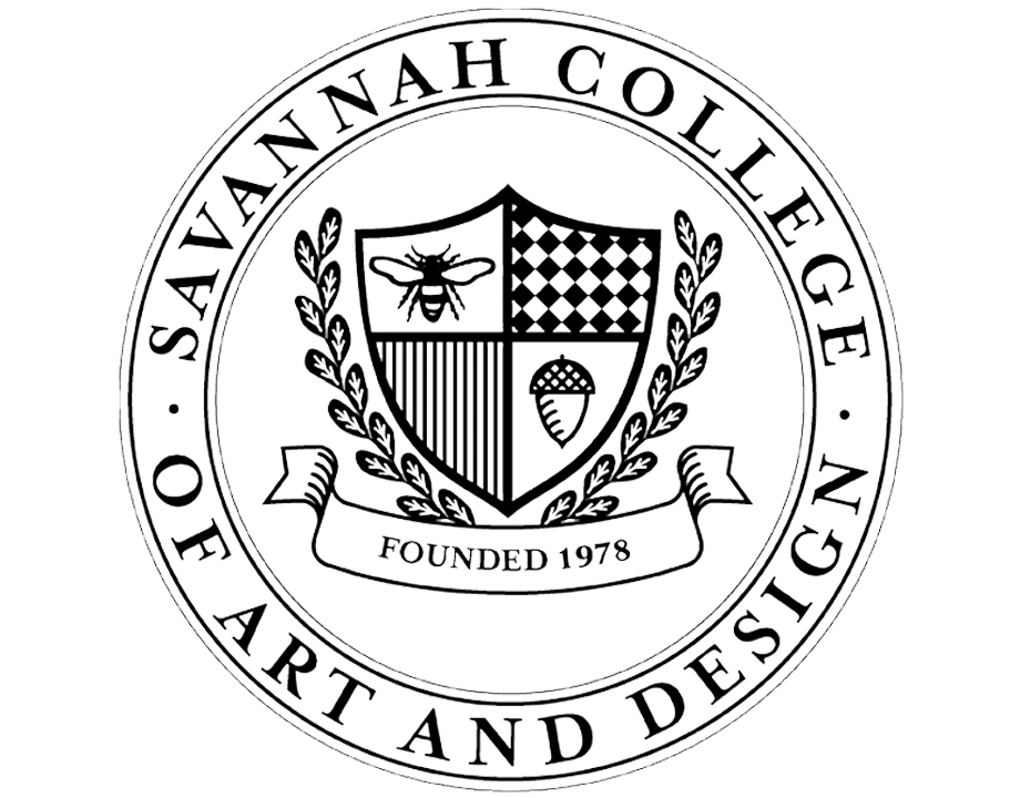 Seal of Savannah College of Art and Design featuring a shield with a bee, a lattice pattern, and a leaf, surrounded by a laurel wreath and the text 'Savannah College of Art and Design' and 'Founded 1978'.