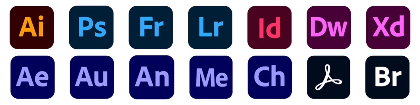Graphic showing icons of Adobe creative software applications including Illustrator, Photoshop, Animate, InDesign, Dreamweaver, Acrobat, XD, After Effects, Audition, Character Animator, Media Encoder, Bridge, and Acrobat Pro.