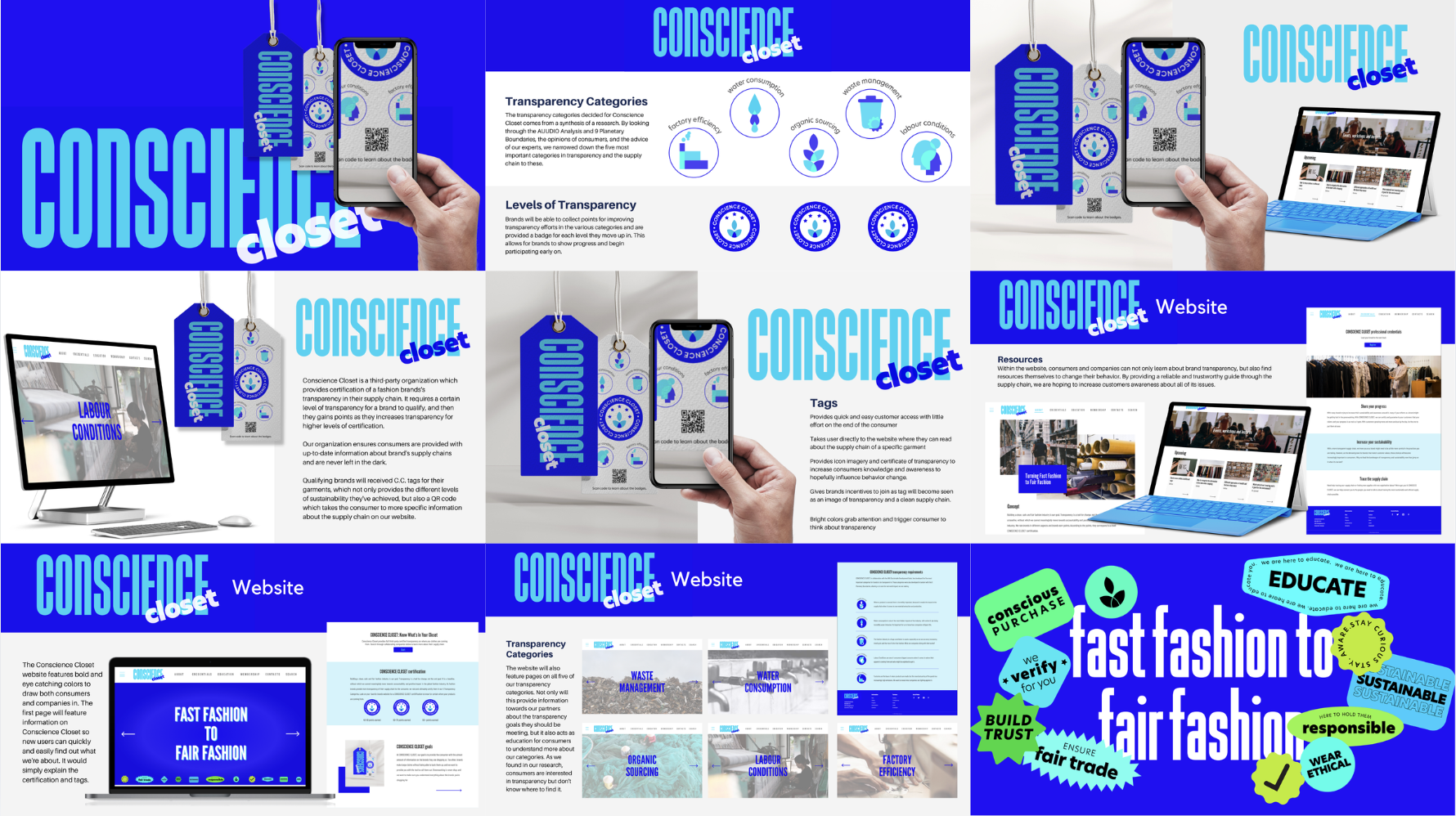Collage of a website named Conscience Closet's branding and information presentation. The collage includes stock images of a mobile phone, computer screens, website pages, and tags with labels like 'Transparency categories,' 'Resources,' and 'Tags.' Bright blue backgrounds feature large, bold text such as 'CONSCIENCE closet,' 'FAIR FASHION TO FAIR FASHION,' and various supportive words like 'educate,' 'trust,' 'sustainable,' and 'responsible,' in colorful, circular, and tag-like graphics.