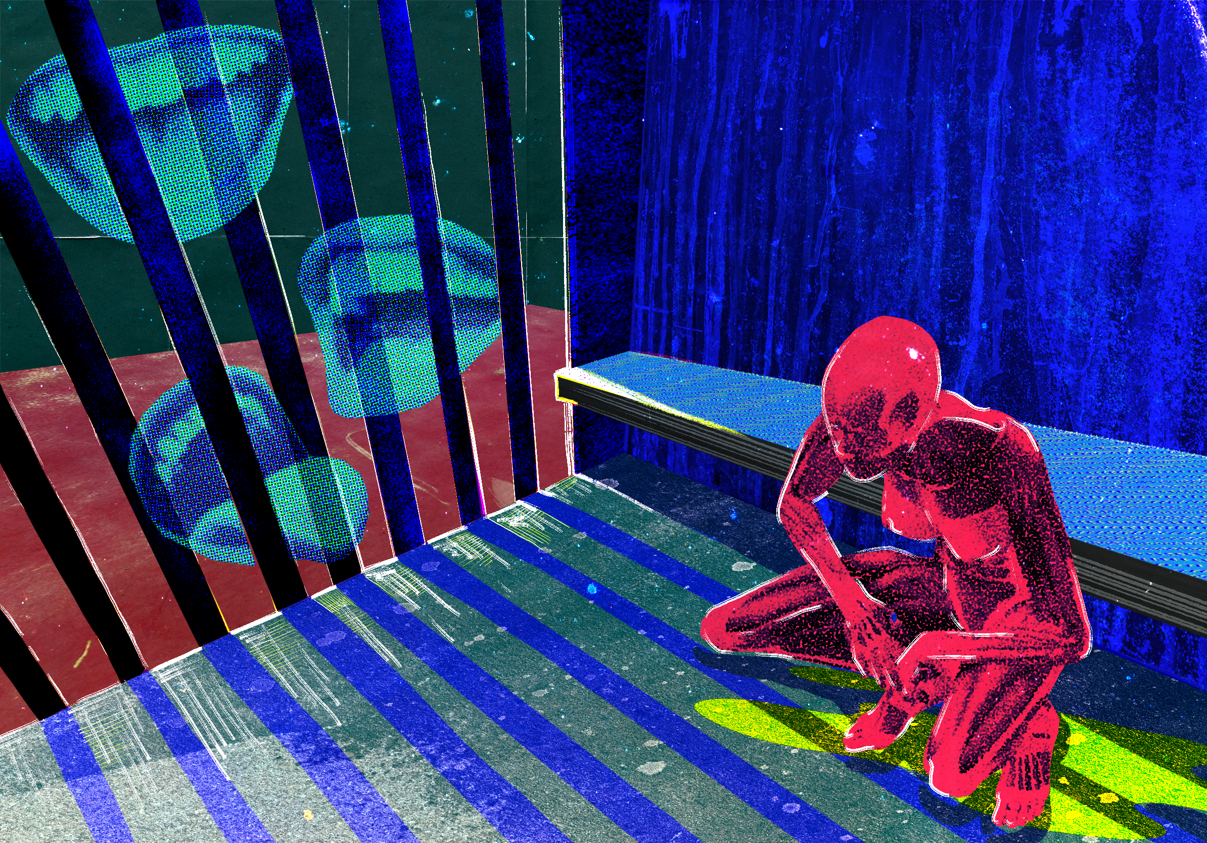 A person with a dark shirt and light-colored shorts sitting on a bench with their head resting on their knees, next to a blue wall inside a room with a striped floor. The image has a digital, stylized, and pixelated effect with some areas highlighted in bright colors.