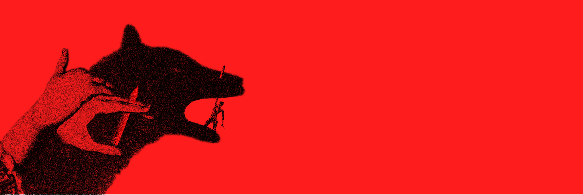 A silhouette of a person is holding a pencil and is drawing the shadow of a dog on a bright red background.