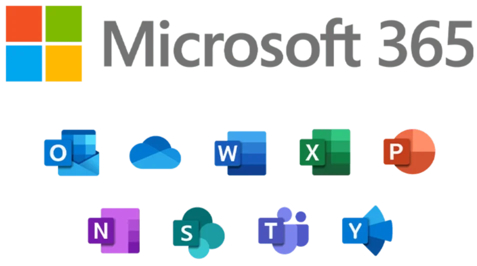 Microsoft 365 logo with icons of Office applications: Outlook, OneDrive, Word, Excel, PowerPoint, OneNote, SharePoint, Teams, and Yammer.