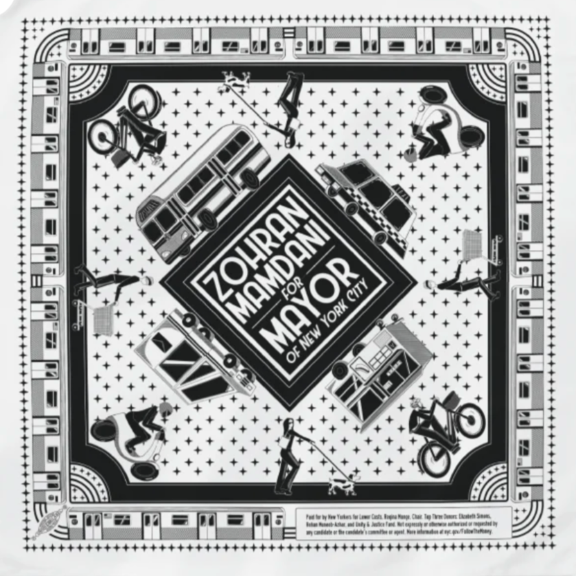Black and white illustration of a square city-themed game board with various figures such as skateboarding, cycling, playing soccer, and speech bubble icons, with a central banner that reads 'Zohra Mamdani for Mayor of New York City.'