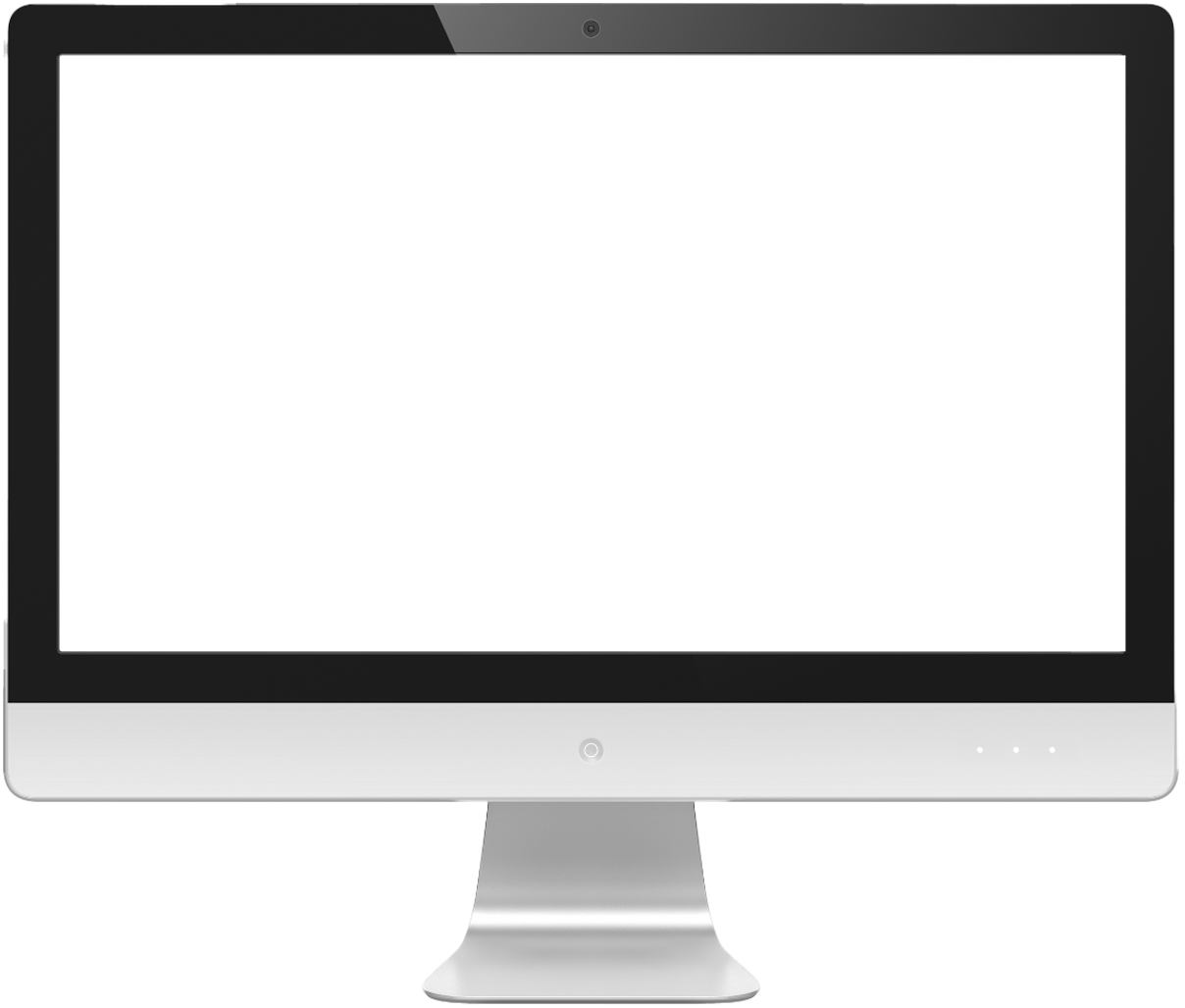 A silver desktop computer with a black screen and a standard stand.