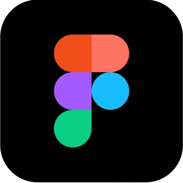 Colorful abstract logo with four shapes on a black background.