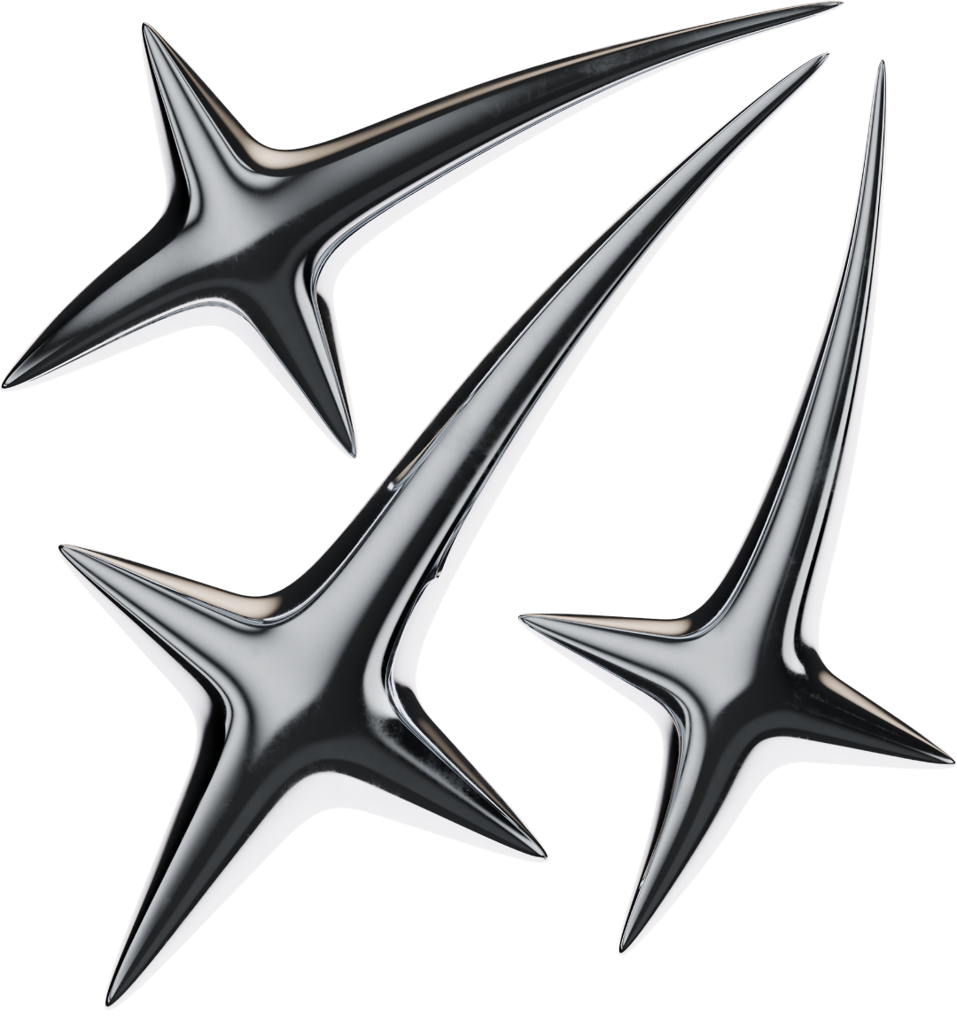 Three metallic stars with a sleek, shiny finish, arranged in an overlapping pattern.