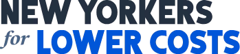 Logo with text 'New Yorkers for Lower Costs' in black and blue font.