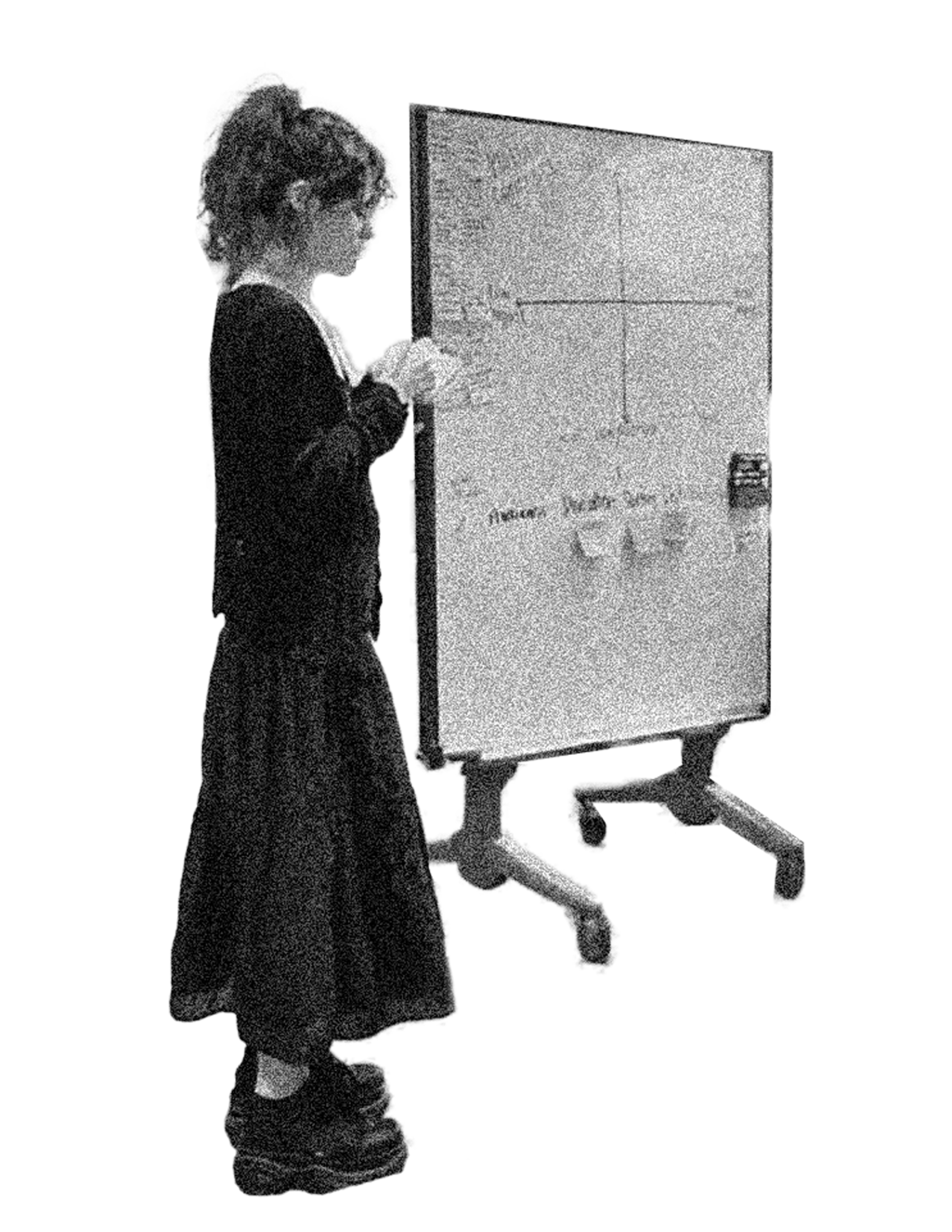 A woman stands on the left side of a whiteboard, writing with a marker. She has short hair and glasses, and is dressed in a dark blazer and skirt. The whiteboard has some writing on it, including the words 'moral risk'. She is in a classroom or meeting room setting.