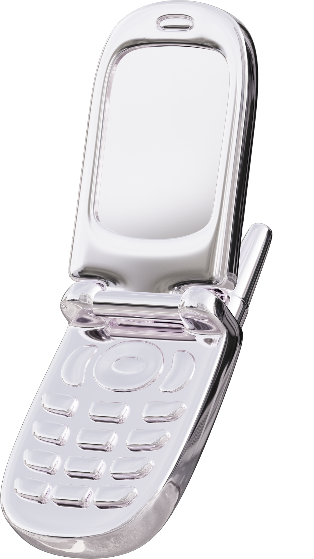 A shiny, transparent, flip-style mobile phone.