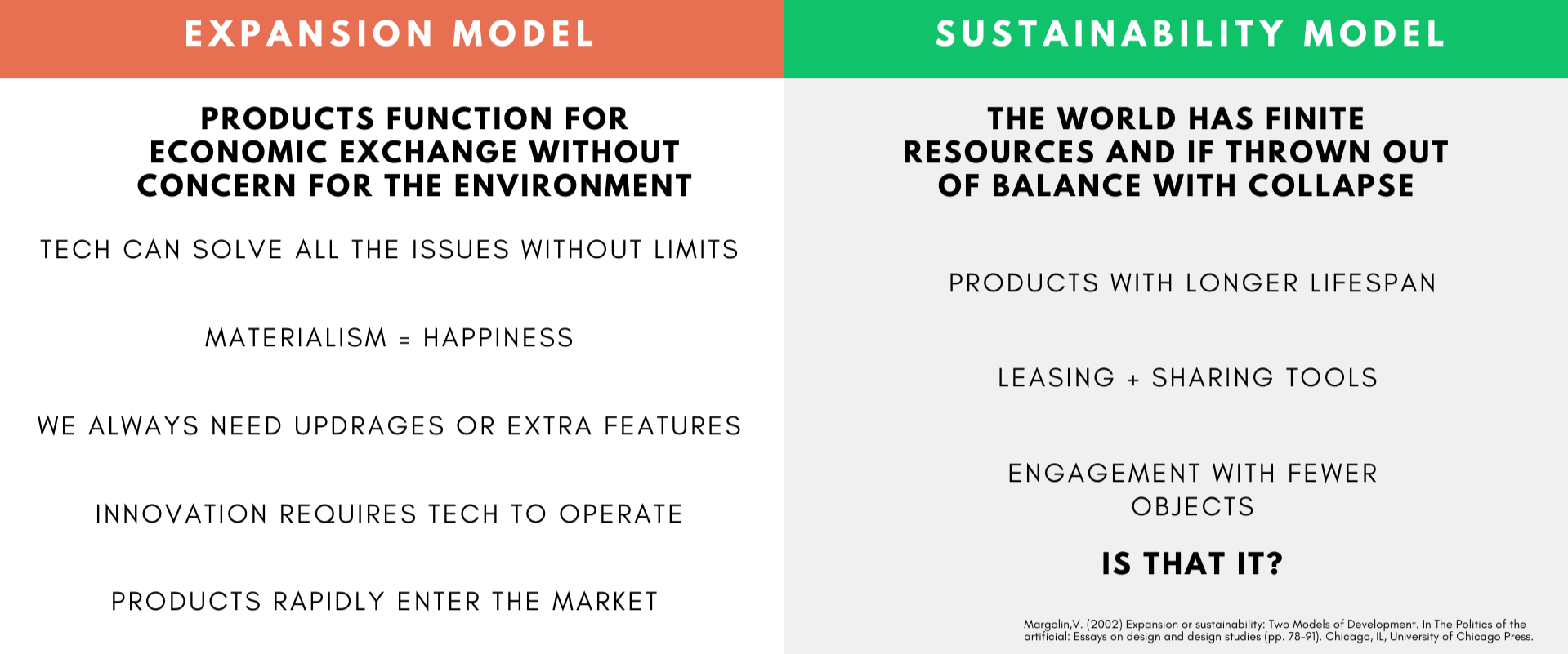Comparison of expansion model and sustainability model of development. The expansion model emphasizes continuous growth and resource use, while the sustainability model highlights finite resources, longer lifespan products, leasing and sharing tools, and fewer objects for engagement.
