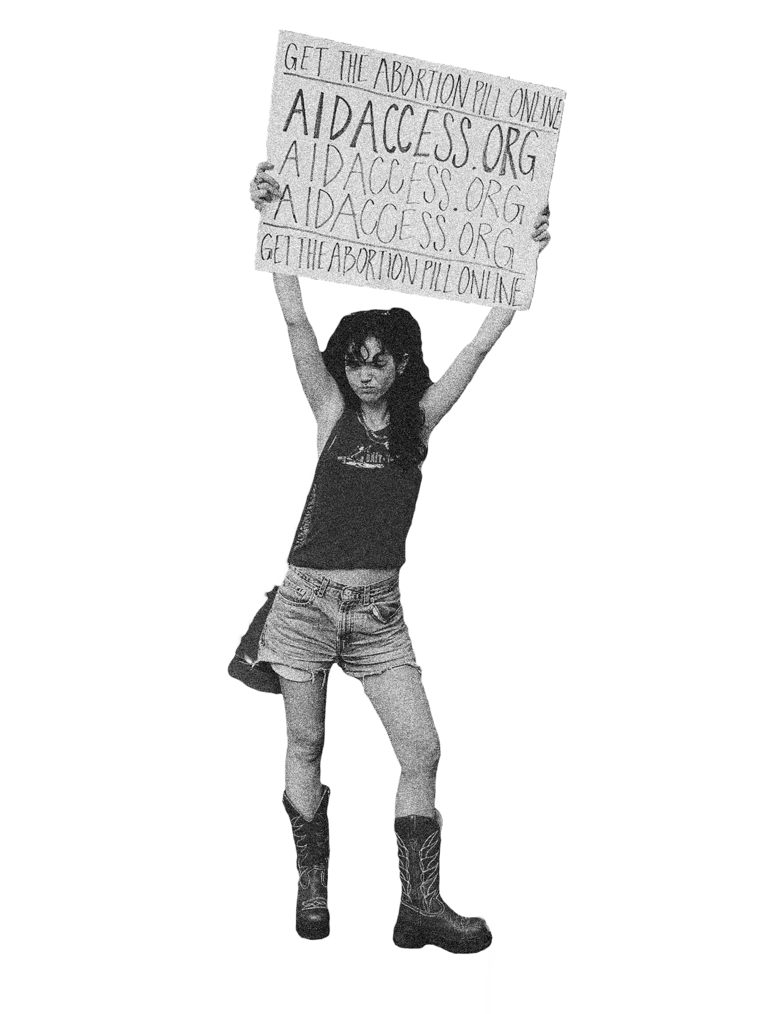 A woman with long dark hair, wearing a tank top and shorts, holding a street poster that reads 'Get the abortion pill online, aidaccess.org' in handwritten style.