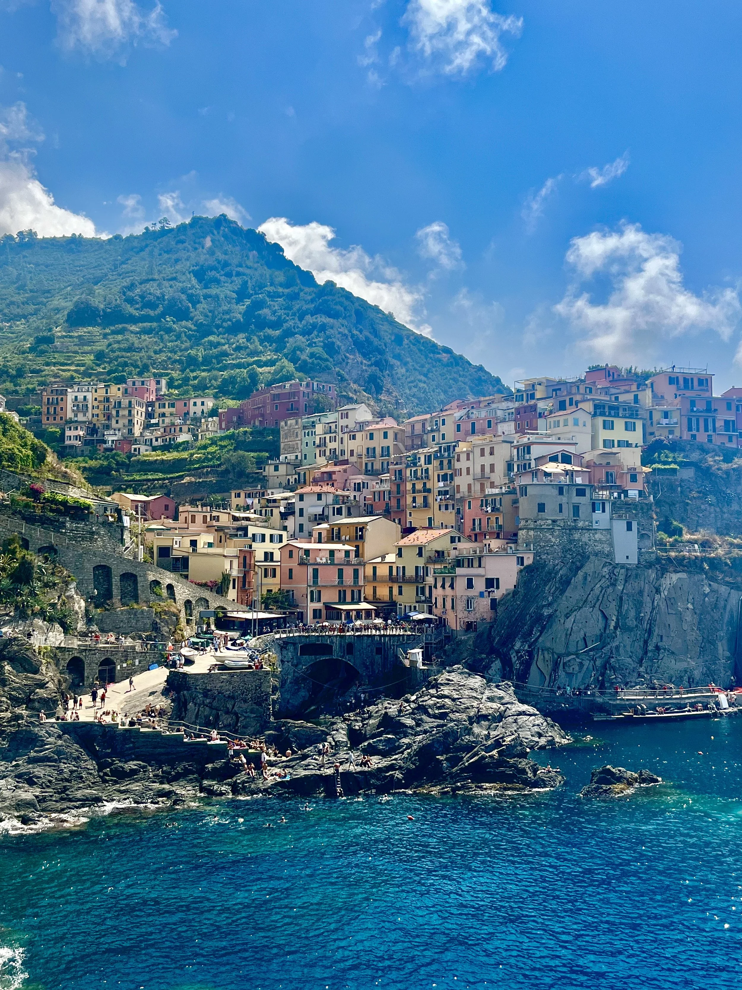 Colorful buildings on hillside overlooking a rocky shoreline with blue water, mountain background, and blue sky with clouds.