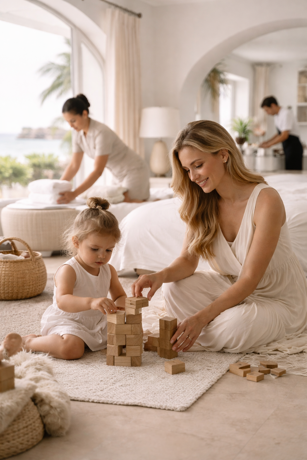 A woman and a young girl are sitting on the floor playing with wooden blocks, while two housekeeping staff members are organizing towels in the background.