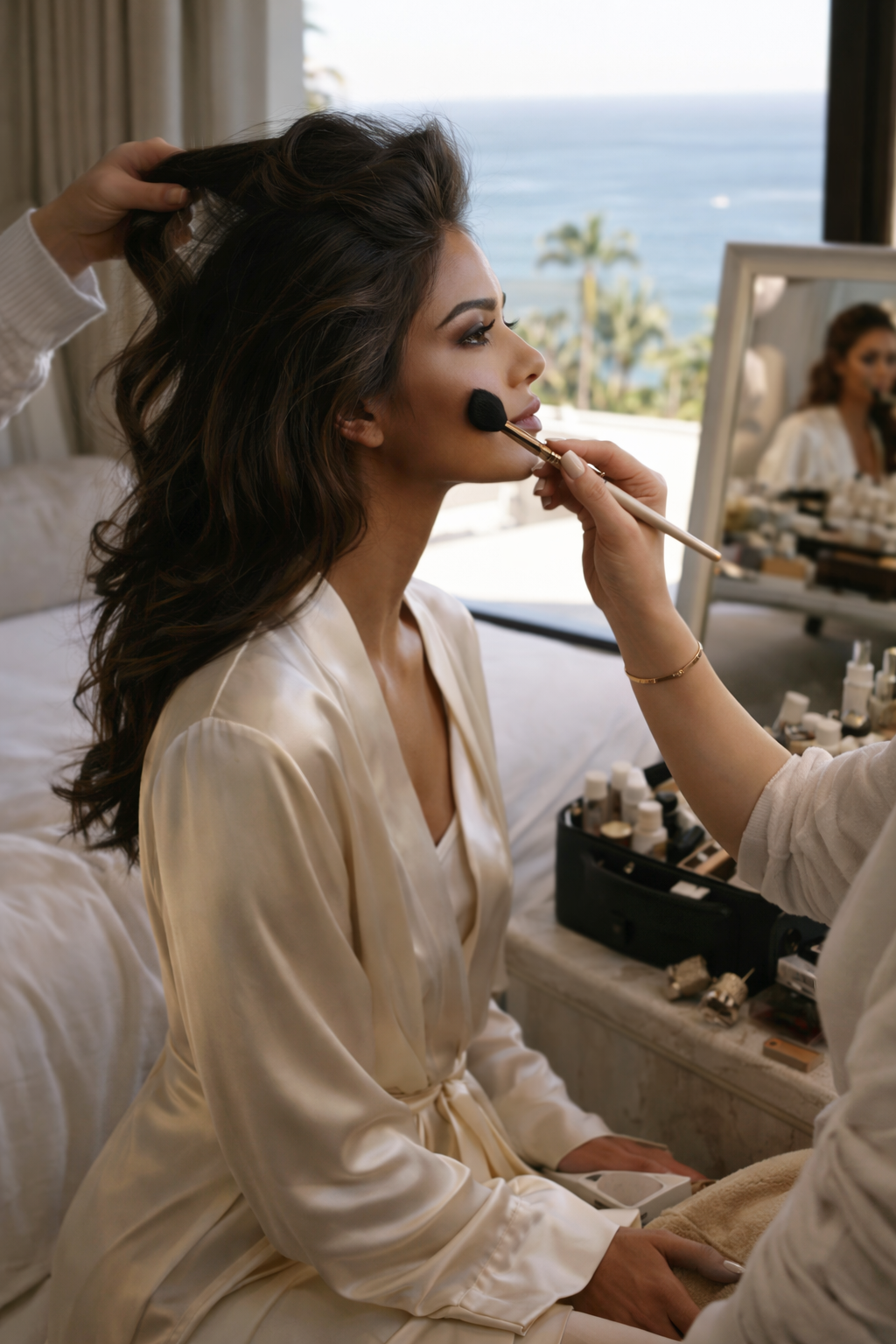 A woman in a satin robe is getting her makeup applied by a makeup artist, with a scenic ocean view in the background.