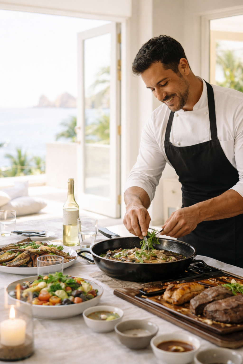 A man in a white shirt and black apron preparing food in a bright kitchen by the window, with seaside scenery visible outside.