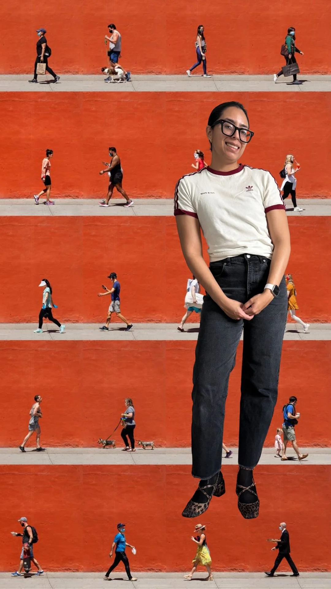 A woman standing in front of a vibrant red wall with multiple horizontal strips, each featuring people walking and wearing masks, with some walking dogs and others walking alone or in pairs.