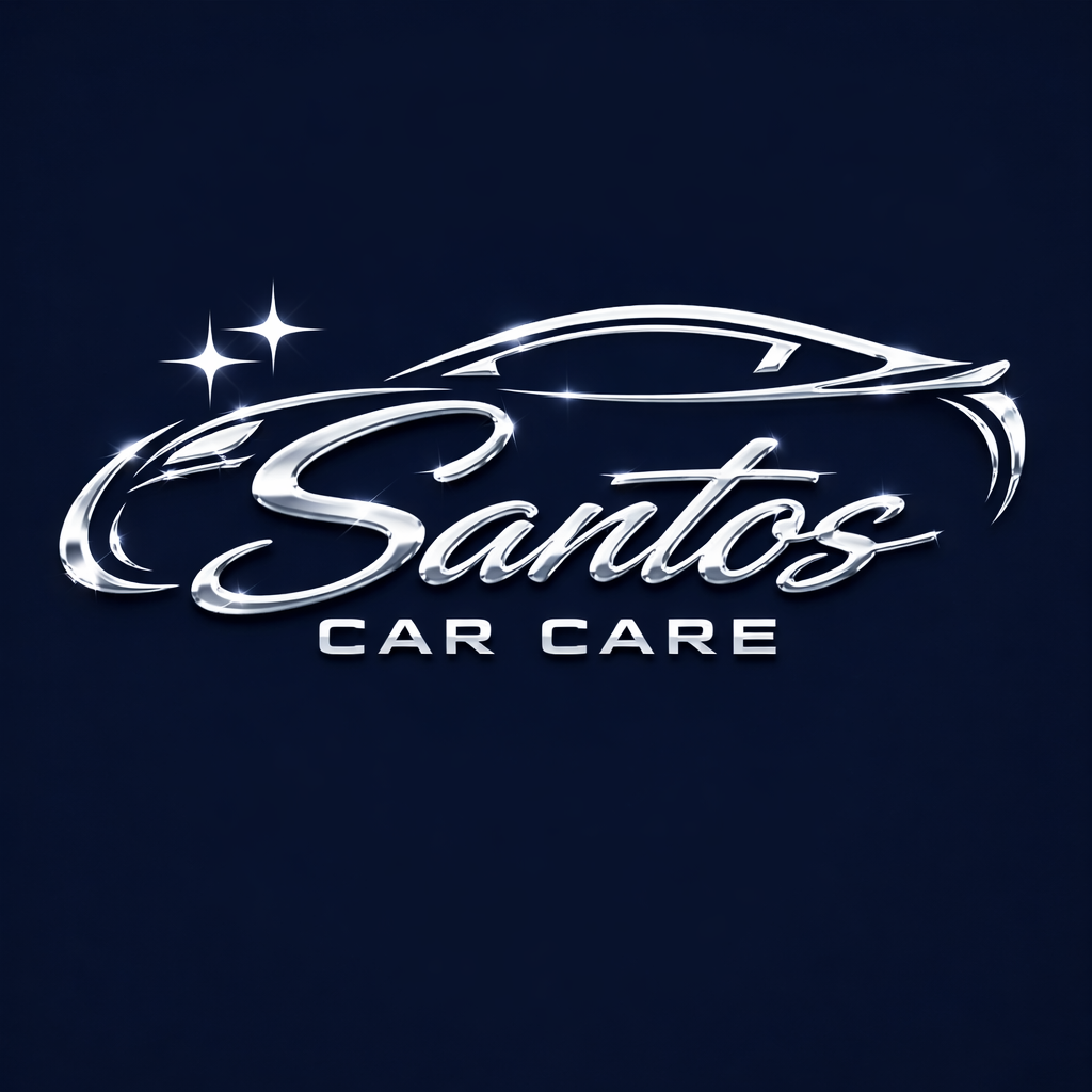Logo for Santos Car Care with a shiny car outline and sparkling stars on a dark background.