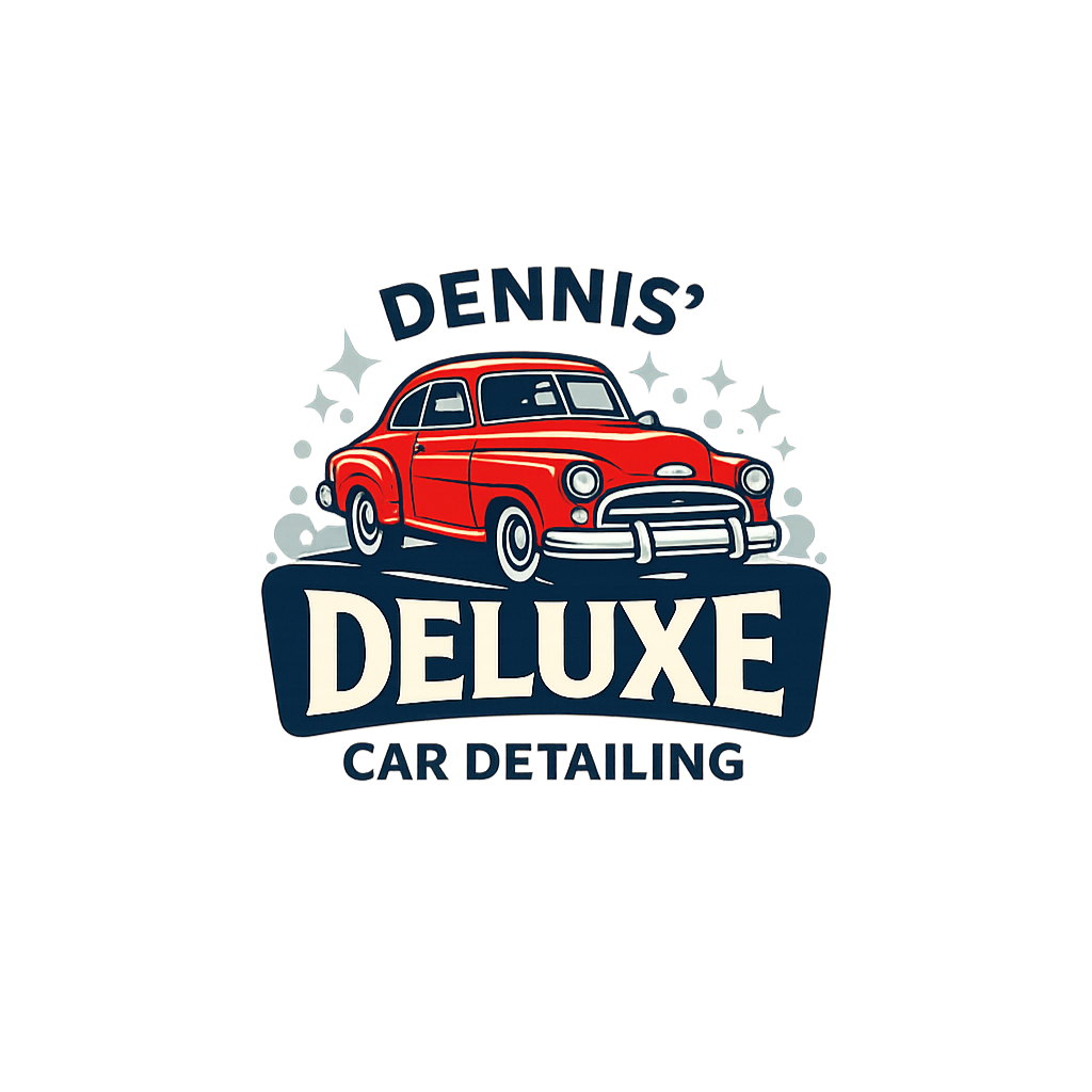 Logo for Dennis's Deluxe Car Detailing featuring a red vintage car and stars.