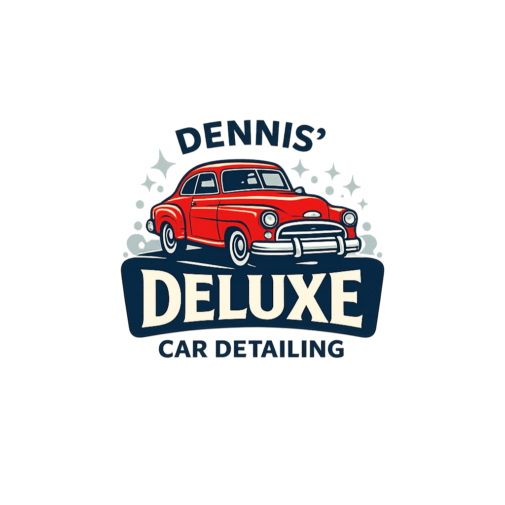 Logo for Dennis Deluxe Car Detailing, featuring a vintage red car with white and black accents, surrounded by stars and decorative elements.