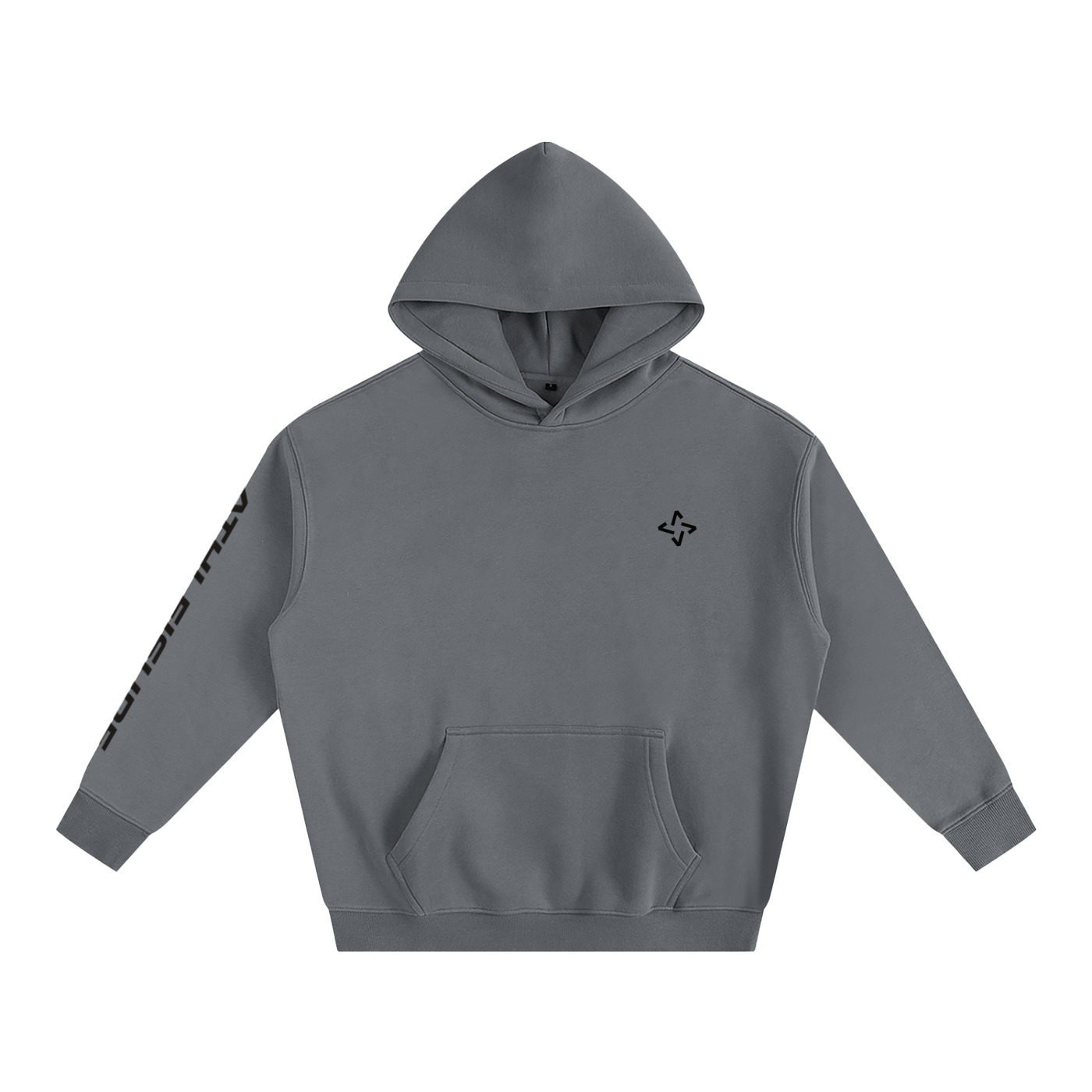 Gray hoodie with a front pocket, black logo on chest, black text on sleeve, and a hood.
