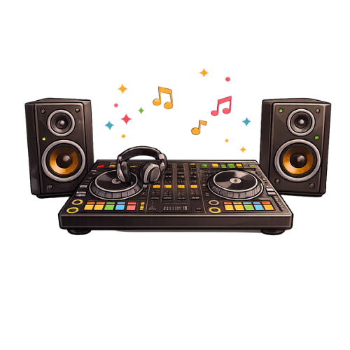 DJ setup with two speakers, a mixer, headphones, and musical notes and arrows indicating music flow.