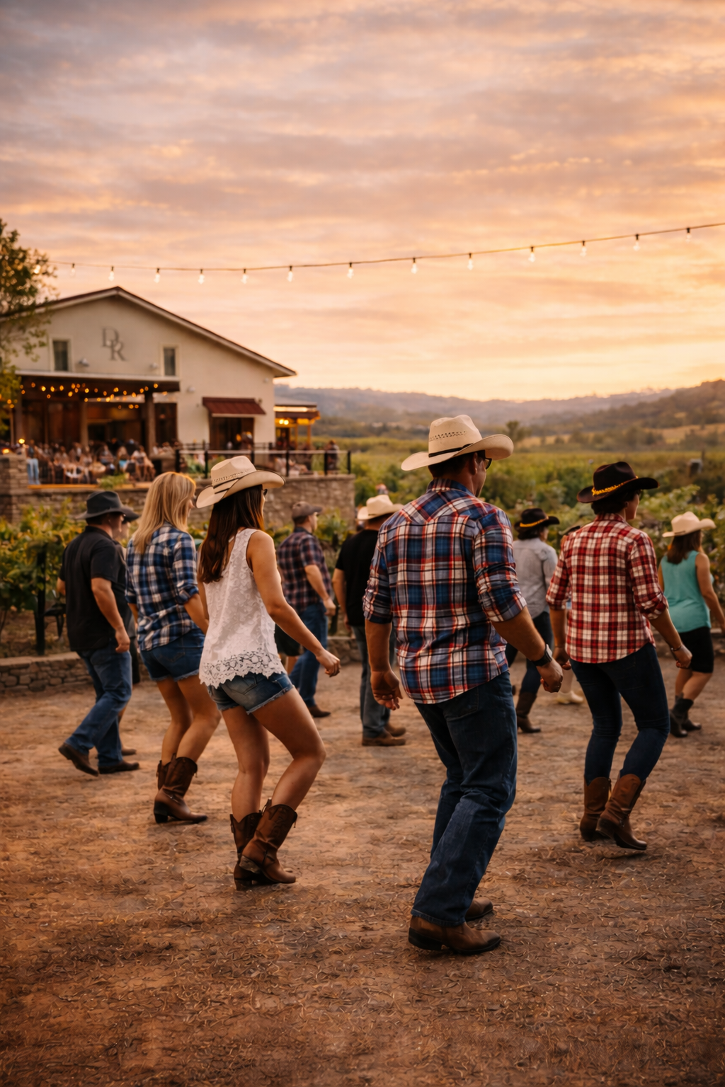 People dressed in cowboy hats and plaid shirts line dance outside during sunset at a rustic event venue with a barn and string lights.