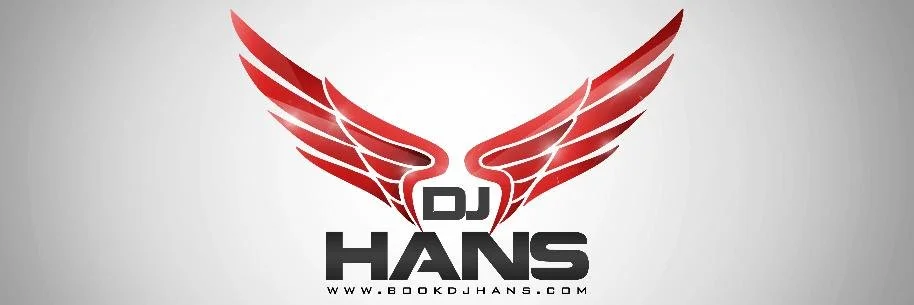 Logo for DJ Hans featuring red stylized wings and the website www.bookdjhans.com