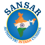 Logo of Sansar, featuring a map of India in orange, centered within a blue circle with the text 'Sansar' at the top and 'Authentic Indian Cuisine' at the bottom.