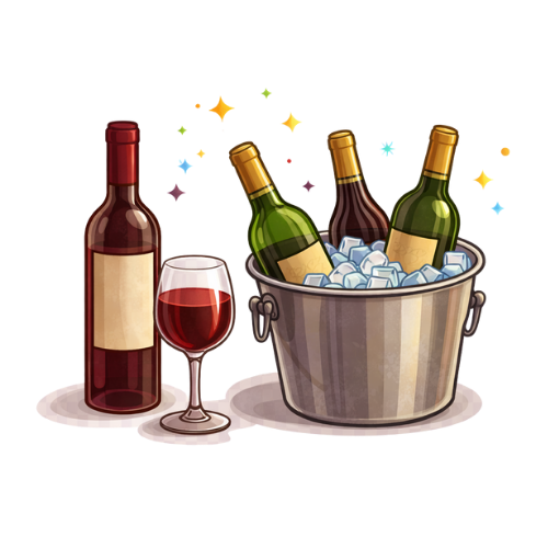 A bottle of red wine, a glass of red wine, and several bottles of wine in an ice bucket.