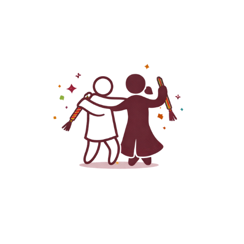 Two stylized, abstract figures of a child and an adult holding hands, with colorful stars around them, standing on a black background.