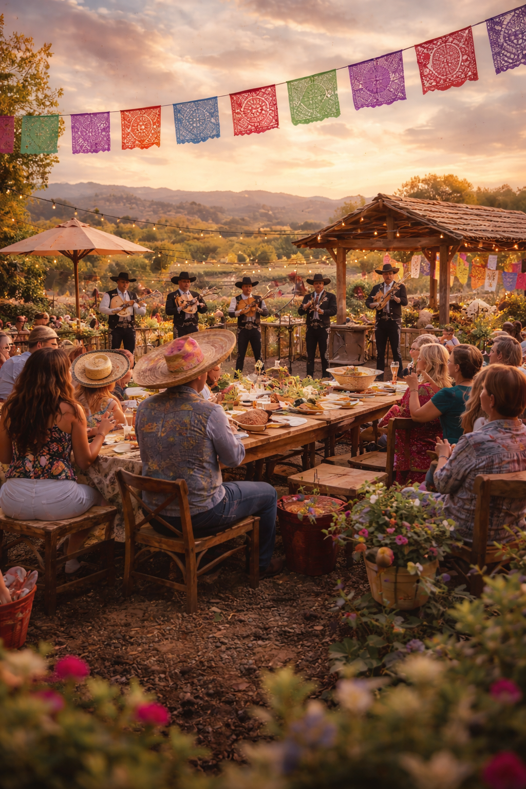 A lively outdoor celebration during sunset with a mariachi band performing on a stage and guests seated at rustic wooden tables decorated with flowers, with colorful papel picado banners hanging overhead and mountains in the background.