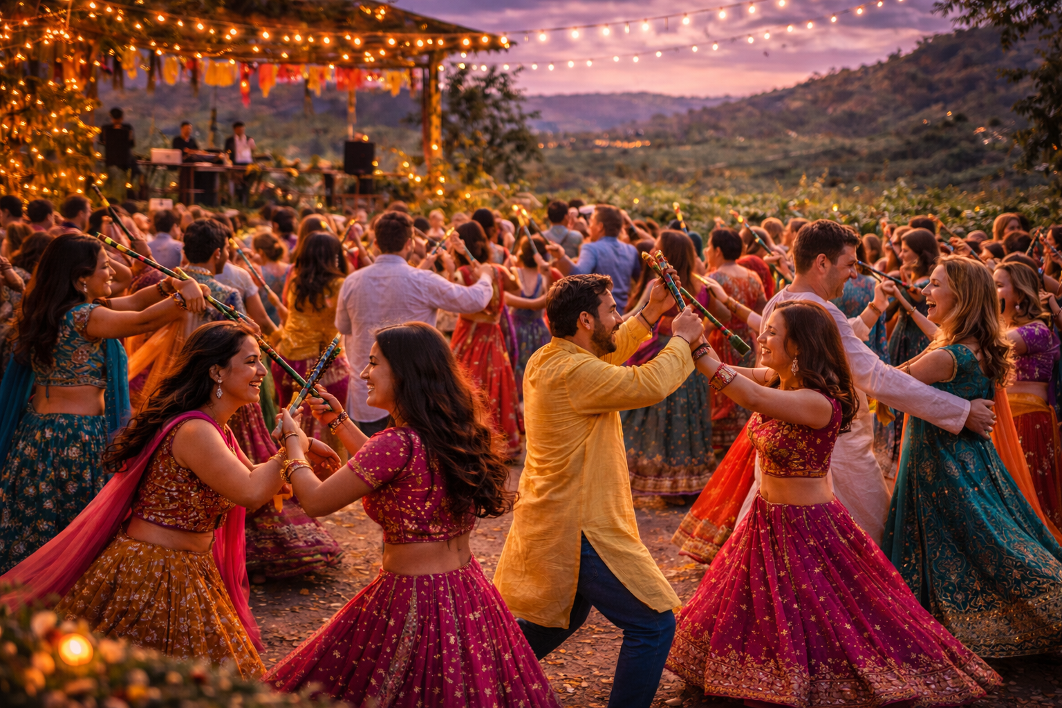 People dancing and celebrating at an outdoor event during sunset, wearing colorful traditional Indian attire, with decorative lights and hills in the background.