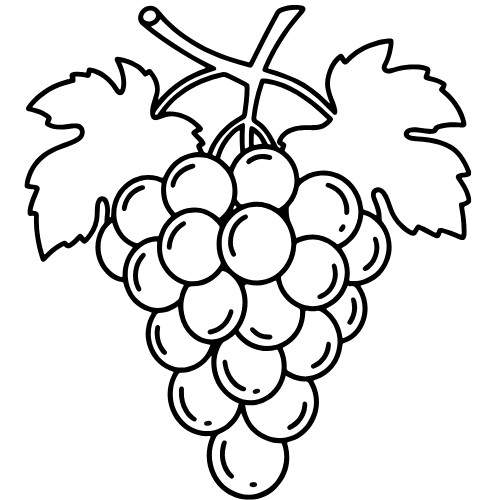 Black and white line drawing of a bunch of grapes with two large leaves and a stem.