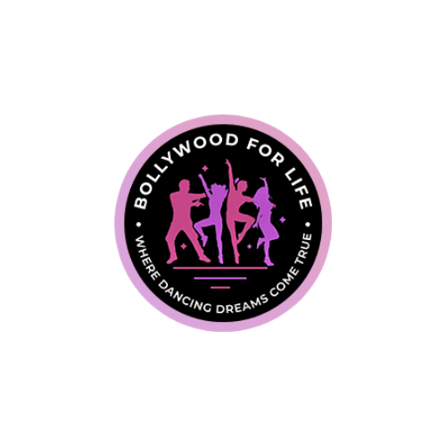 Logo for Bollywood For Life featuring silhouettes of dancers and the slogan "Where Dancing Dreams Come True".