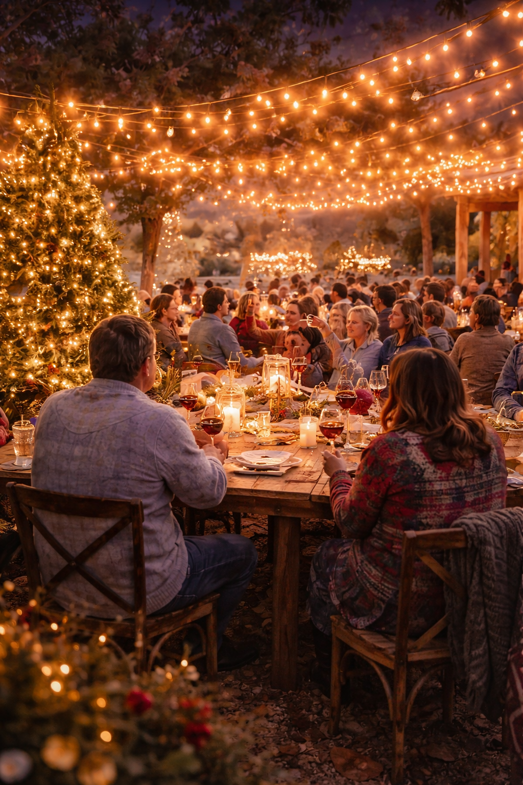 People gathered around a long outdoor wooden table decorated with candles, glasses of red wine, and holiday decorations, under string lights during a festive outdoor Christmas celebration at night, with a backdrop of trees and a lit Christmas tree.