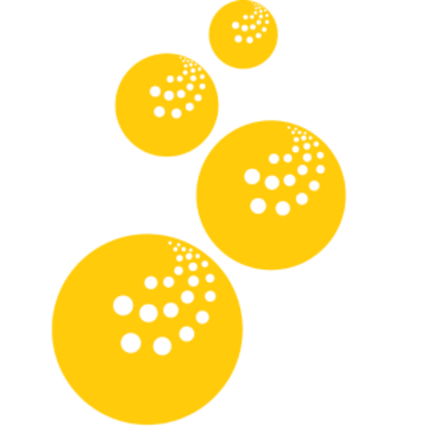 Illustration of five yellow spheres with white dots on a black background.