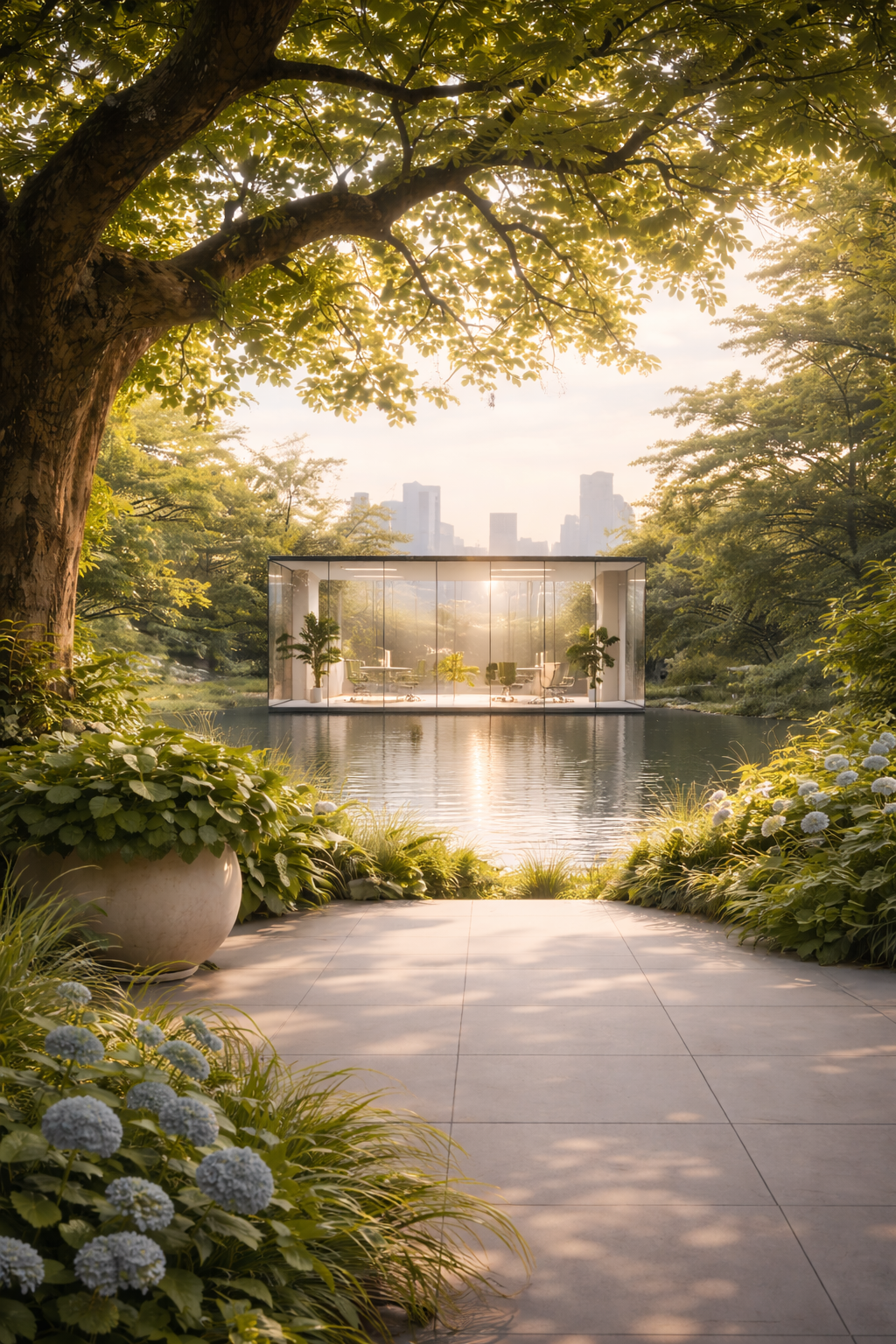 Modern commercial building surrounded by natural greenery, reflecting Zayron’s focus on health, sustainability, and balanced environments.