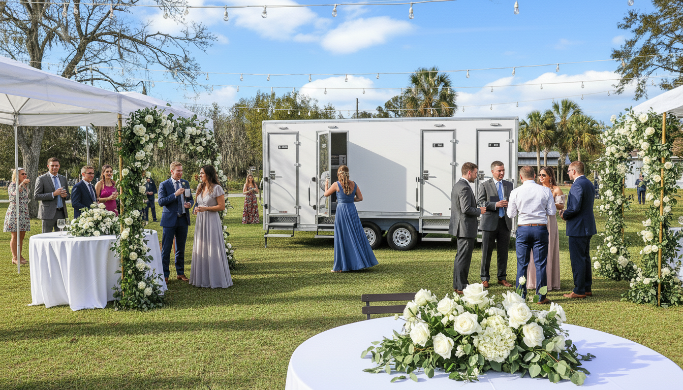 Outdoor wedding reception with guests socializing near decorated arch and floral arrangements, a white trailer in the background, and tables with white floral centerpieces, under string lights on a sunny day.