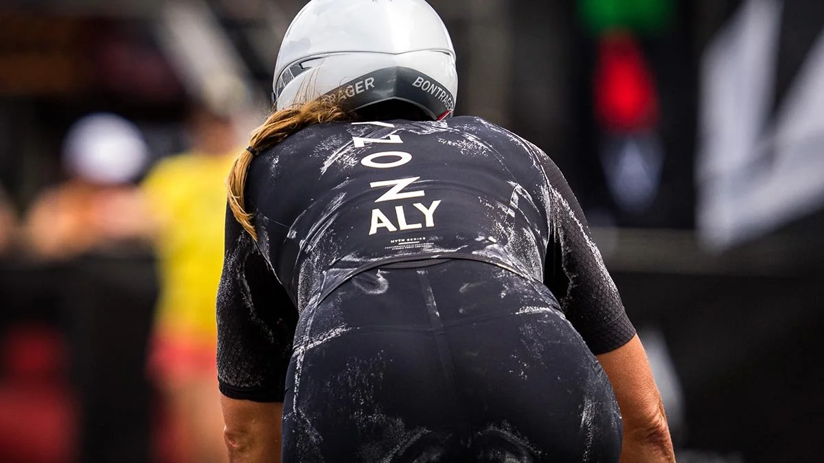 Visible salt forms as Athlete Aly Nunez loses electrolytes via sweat when participating in the Ironman World Championships.
