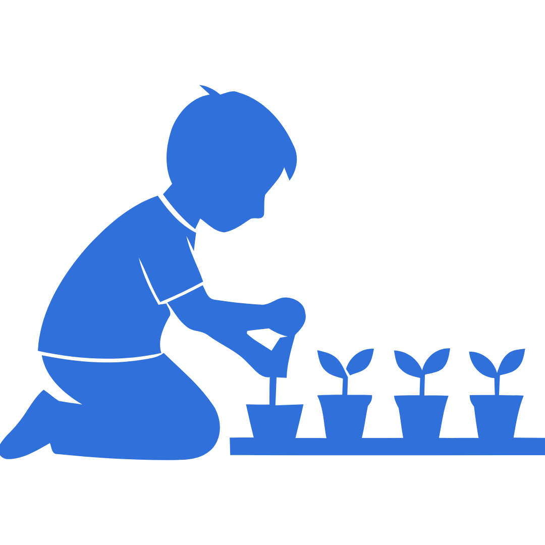 Silhouette of a boy kneeling and watering small potted plants in a row.