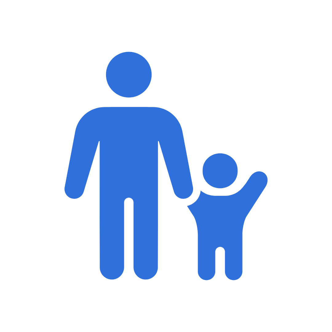 Blue icon of an adult holding a child's hand, with the child's other arm raised.