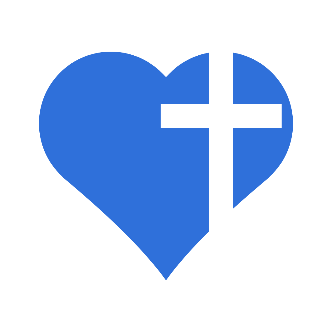 A blue heart with a white cross inside it.