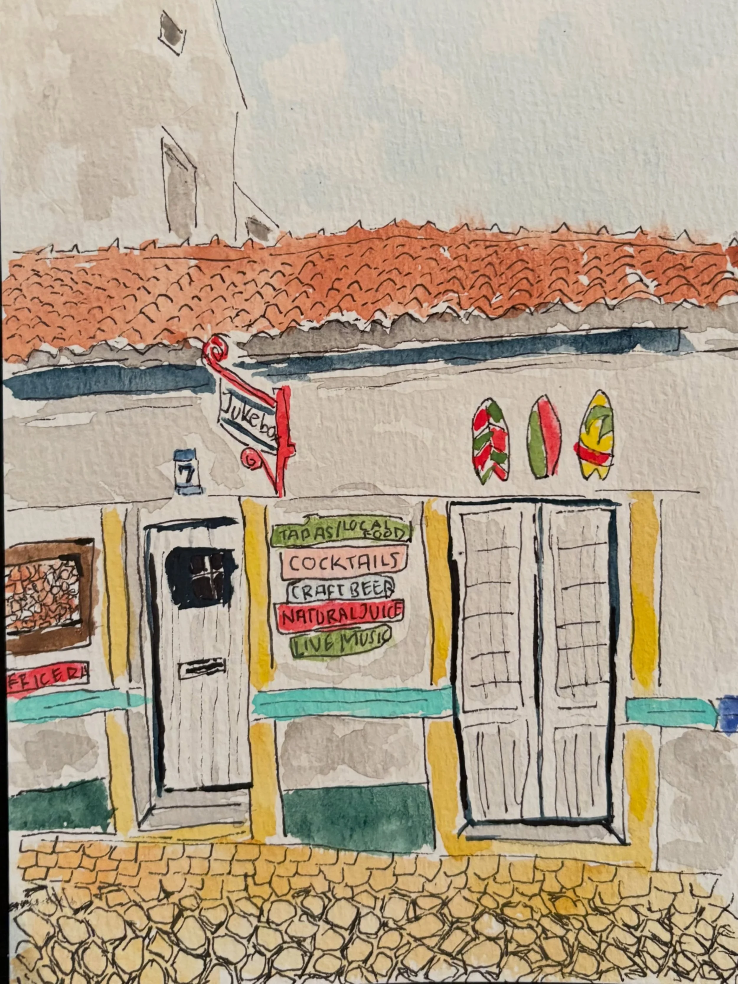 We came across this cute little beach bar in Ericera, Portugal and I thought it would make a cute paining! 🏄🍹

Thinking of starting a little travel watercolor series, what do we think?! 

#watercolor #travelart #portugal #watercolorist #watercolori