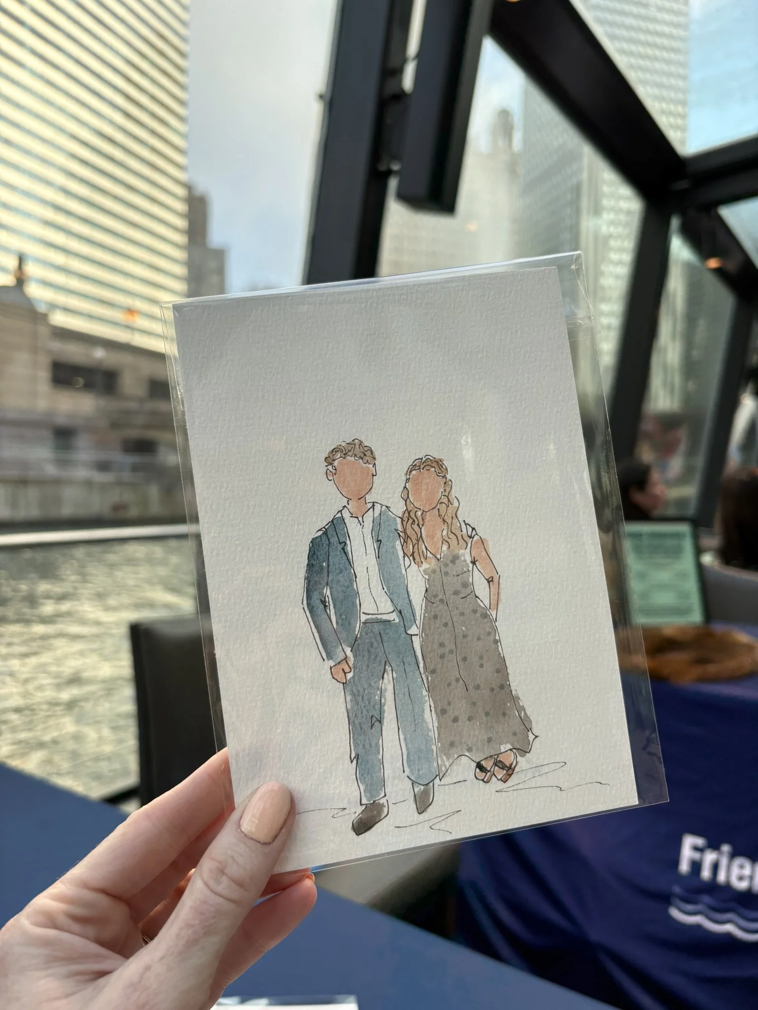 Watercolor illustration of a man and woman walking together, dressed in formal attire, with the man in a blue suit and the woman in a polka-dot dress.
