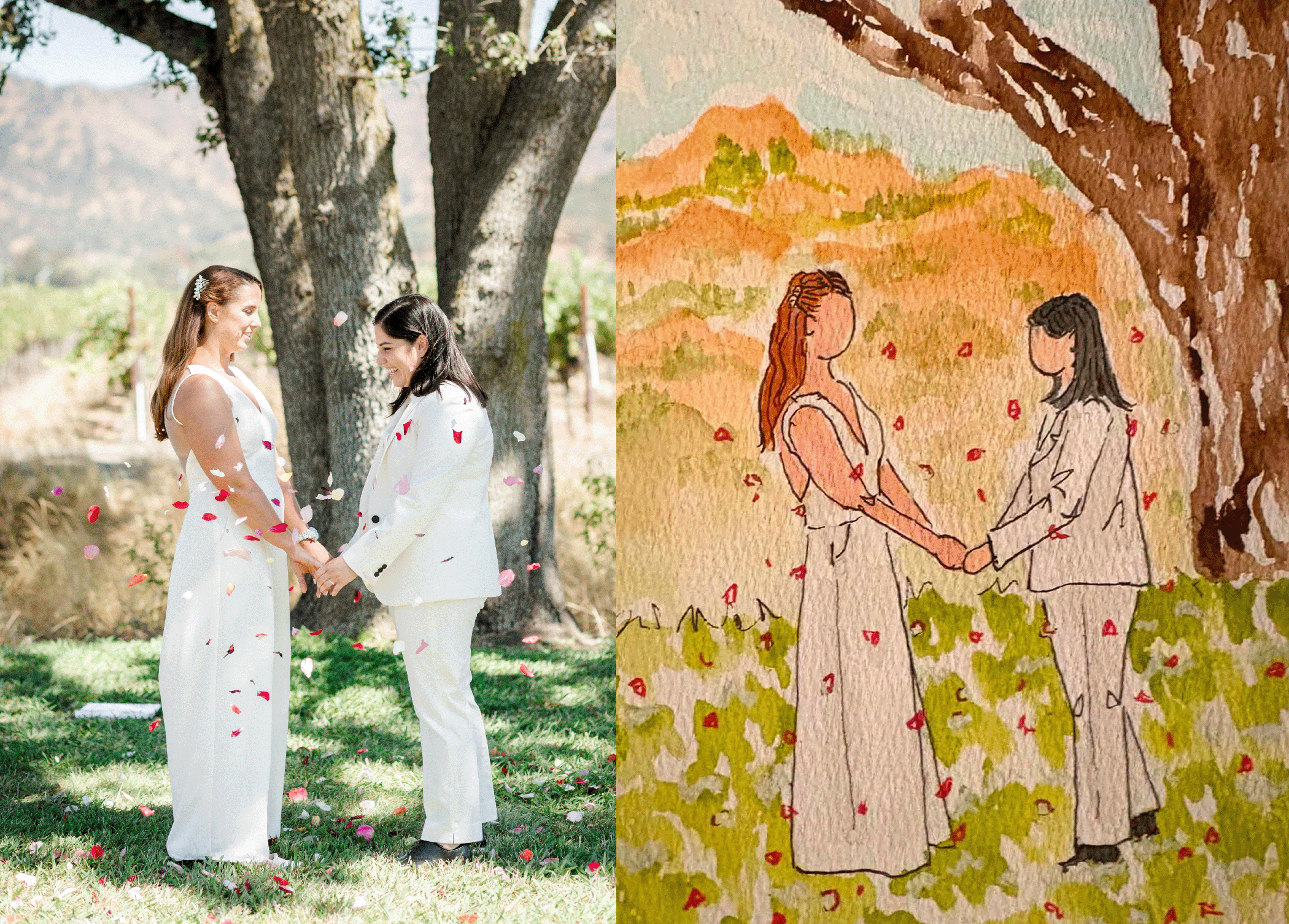 Side-by-side photos of a wedding scene. The left shows a hand holding a watercolor sketch of a bride and groom in an urban park setting with tall buildings in the background. The right shows a real bride and groom in wedding attire smiling and posing together in front of a cityscape with modern skyscrapers and a river.