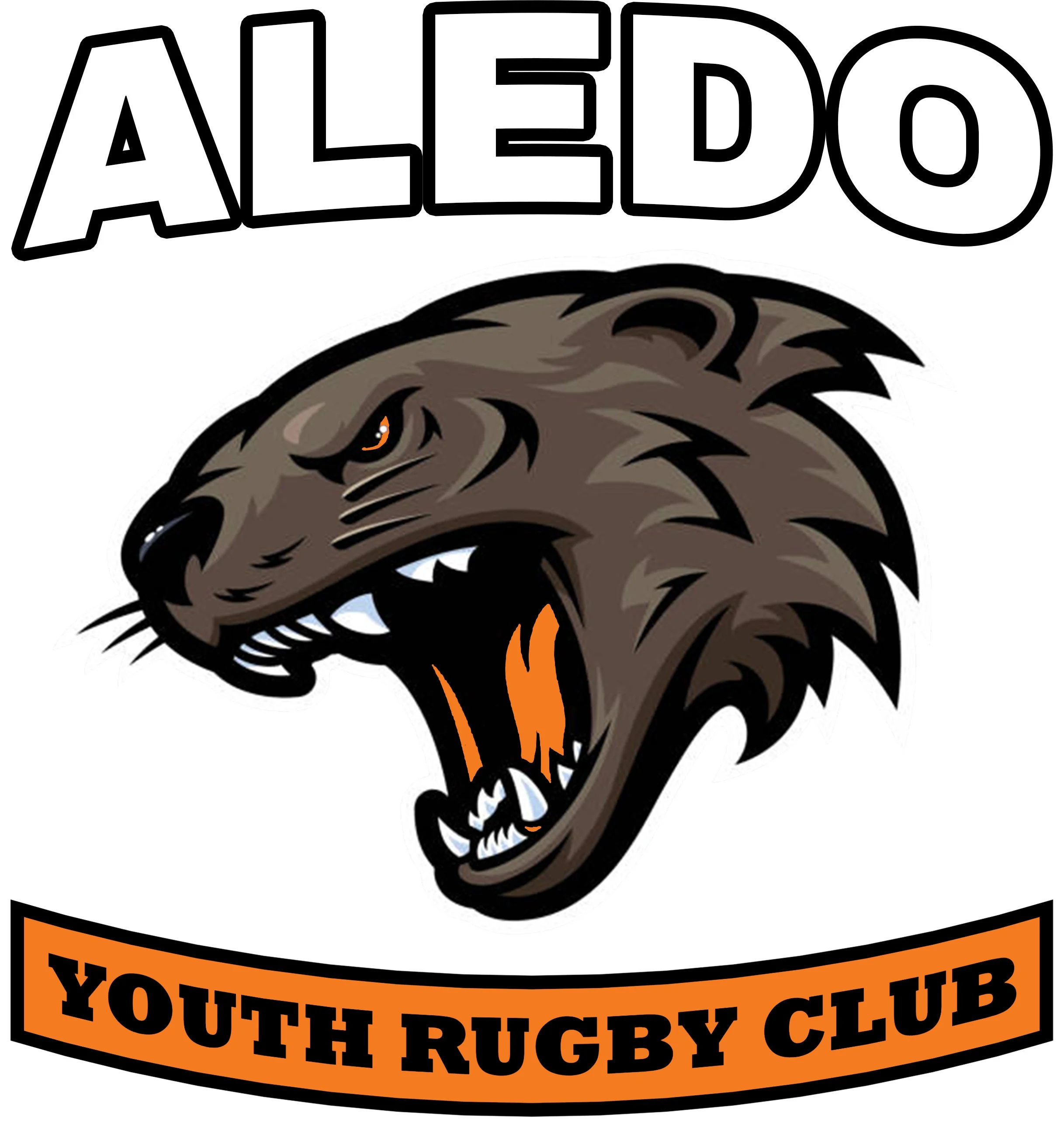 Logo of Aledo Youth Rugby Club featuring a fierce, snarling bearcat's head with orange eyes and visible teeth, above the words 'Aledo' in bold letters and 'Youth Rugby Club' in a banner.