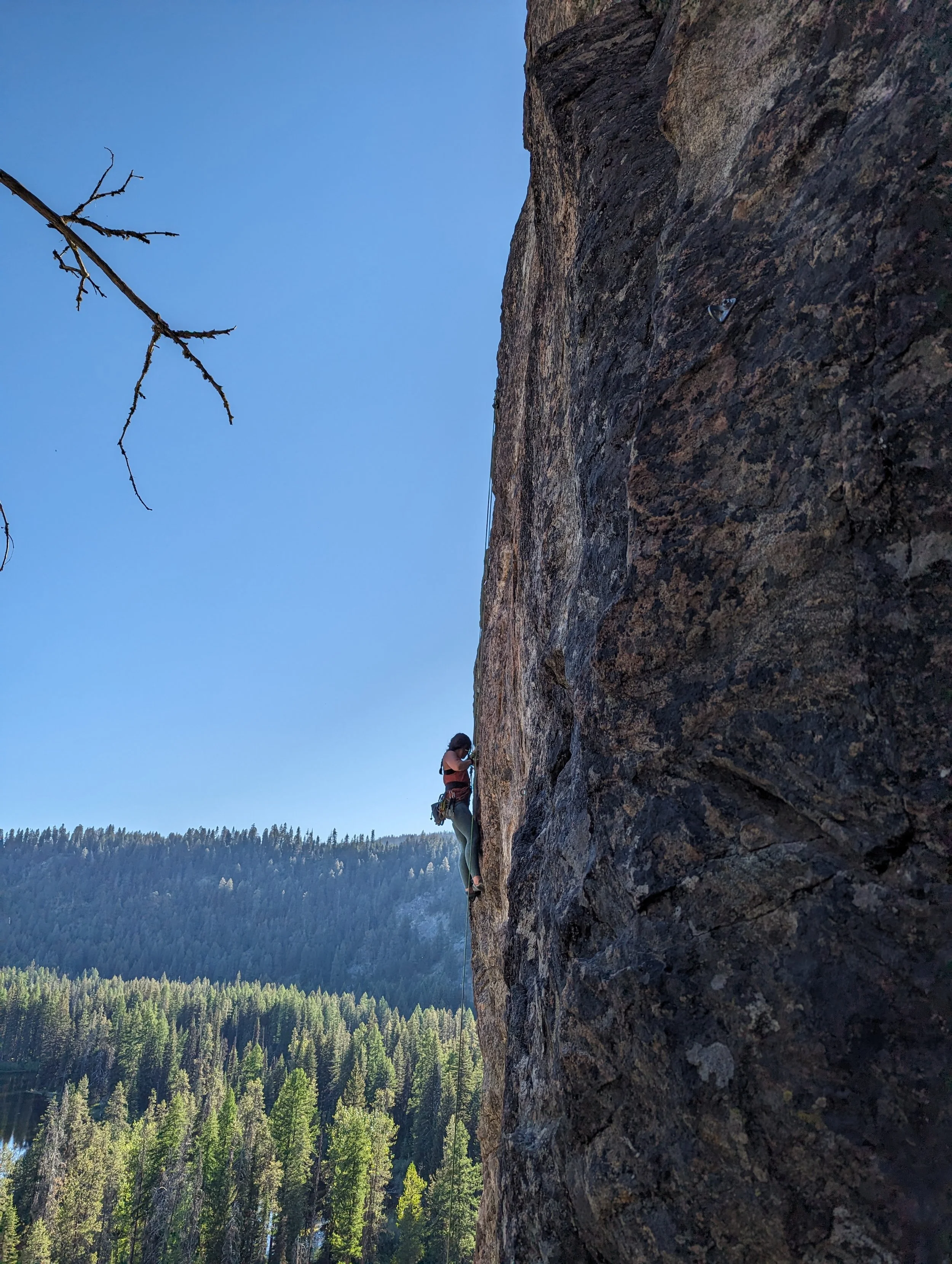 A person rock climbing on a steep cliff with trees and a lake in the background under a clear blue sky.
