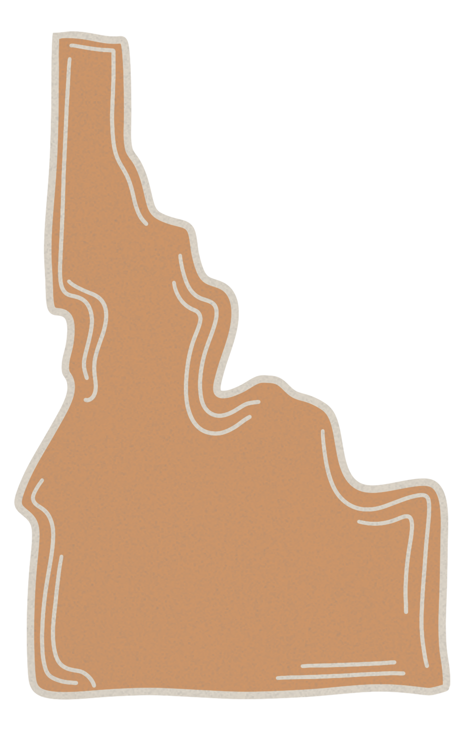 Illustration of the state of Idaho in the United States with an outline style and a brownish color. Things to do in McCall, Idaho.