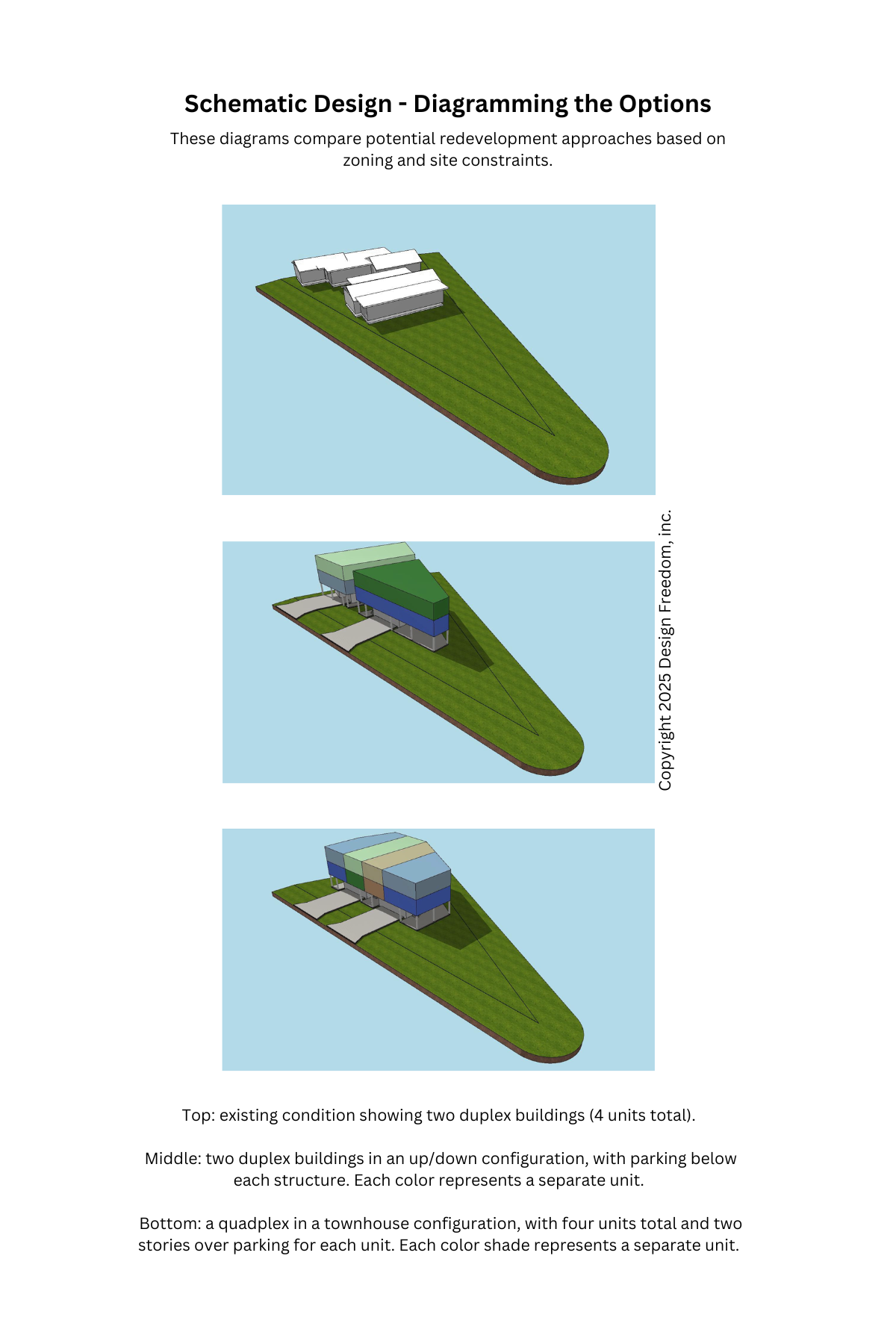 Schematic Design - Diagramming the Options showing 2 different building shape options for the same triangular site