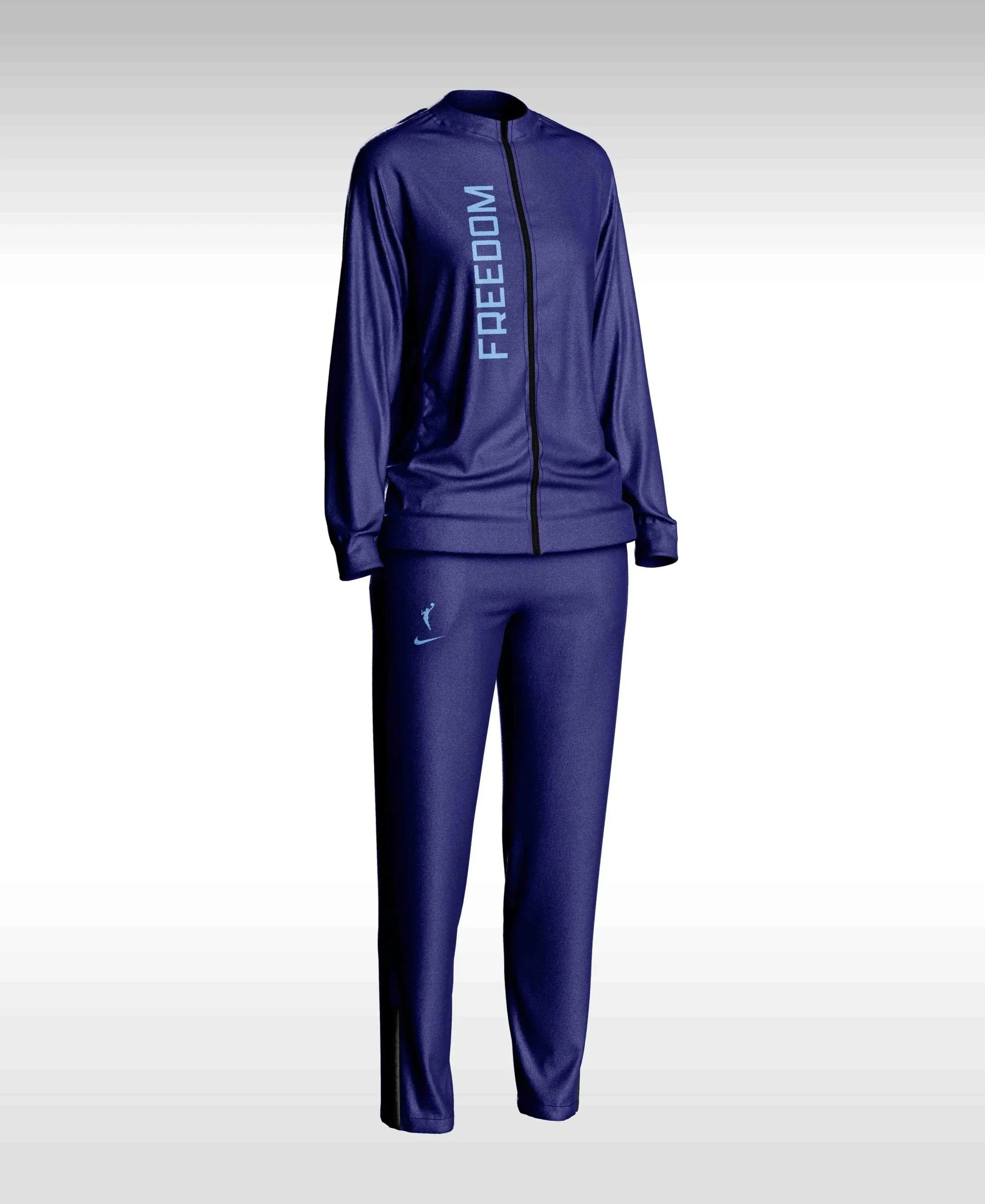Matching dark blue basketball warmup tracksuit. "FREEDOM" in light blue custom type going vertically up right zipper of the top. WNBA and Nike logo on the right pocket of the pants.
